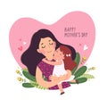 Happy motherÃ¢â¬â¢s day card. Cute little girl hugging her mother in heart shaped